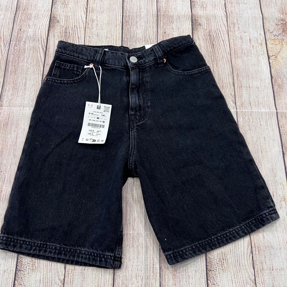 Zara Kids Relaxed Baggy Fit Black Denim Shorts Size 9-10 Years 140cm NWT